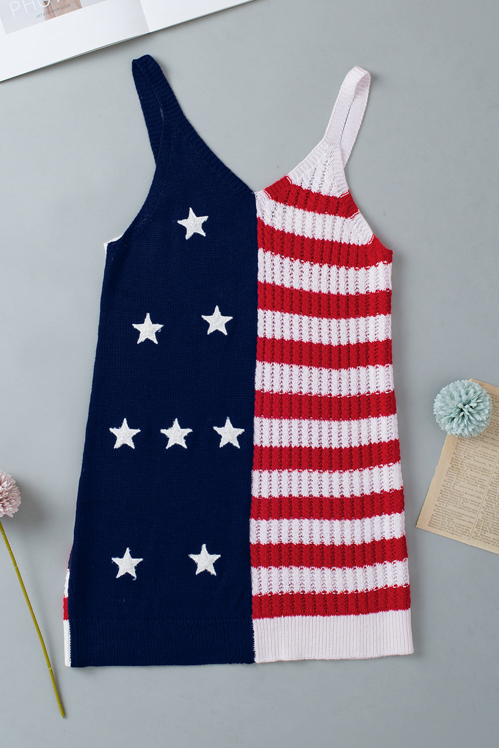 Red Stars & Stripes Flag Pattern Patchwork Knit Tank Top