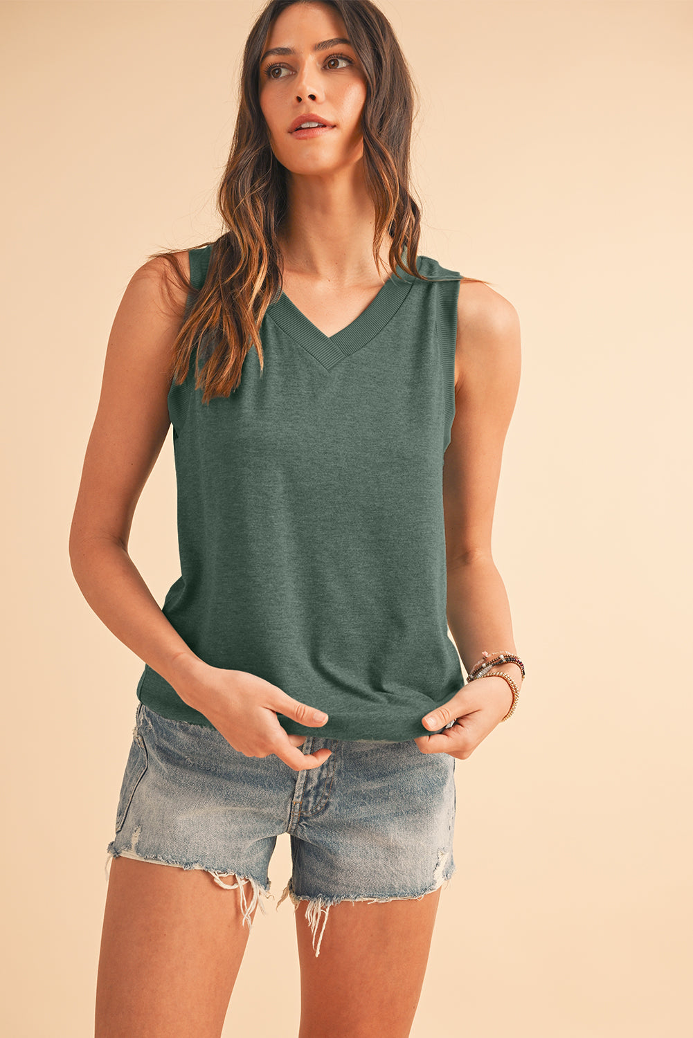 Simply Taupe Contrast Trim V-Neck Loose Fit Tank Top