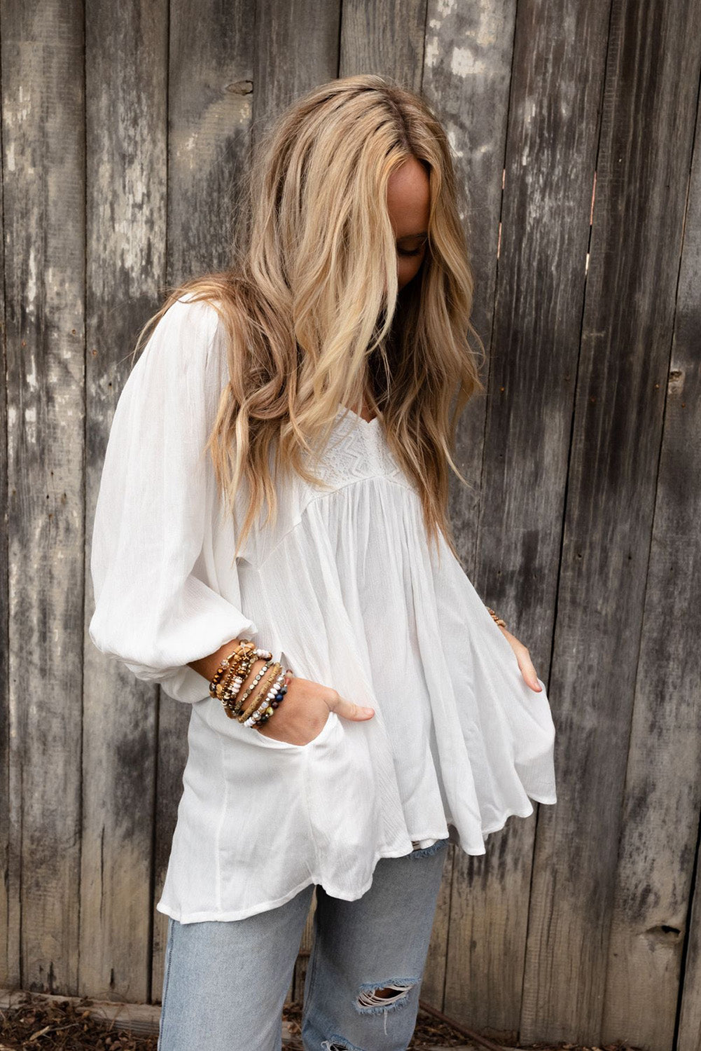 White Lace V-Neck Bracelet Sleeve Ruffle Blouse