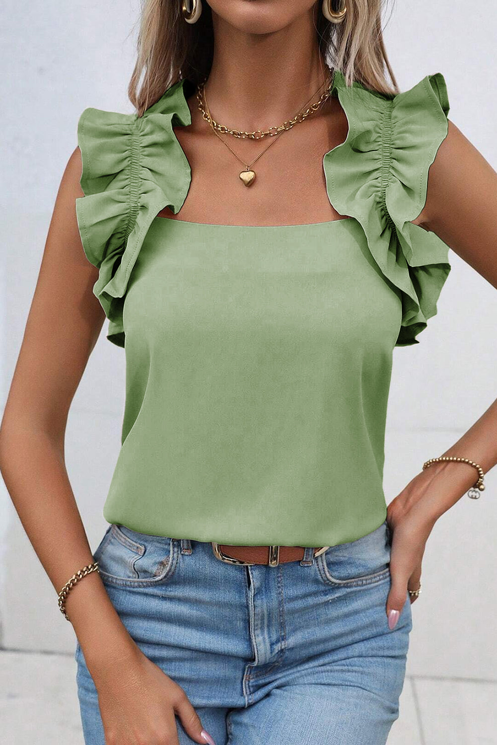 Smoke Green Plain Ruffle Trim Sleeveless Blouse