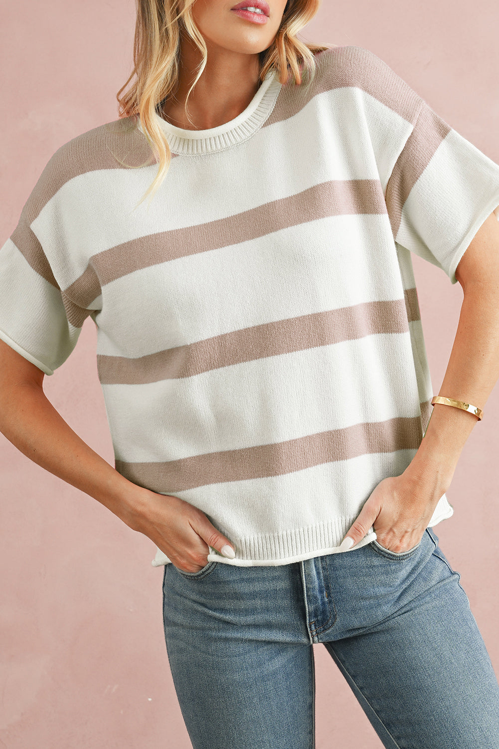 Khaki Striped Drop Shoulder Knitted Top