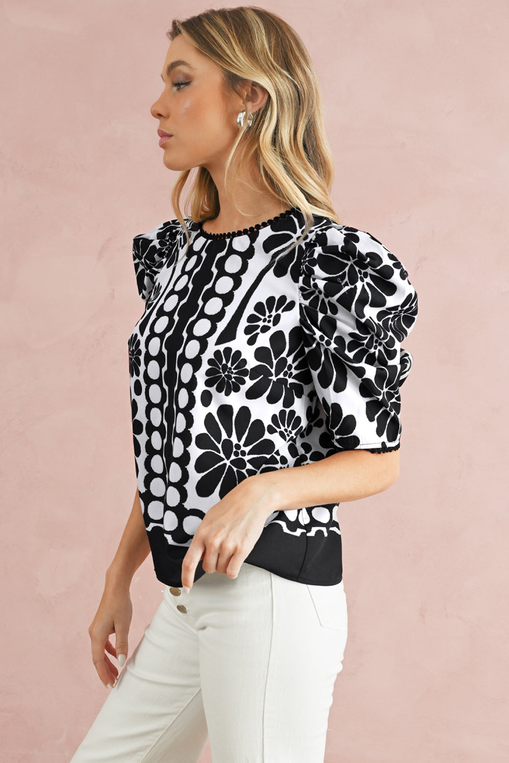 Black Floral Print Button-up Puff Sleeve Blouse