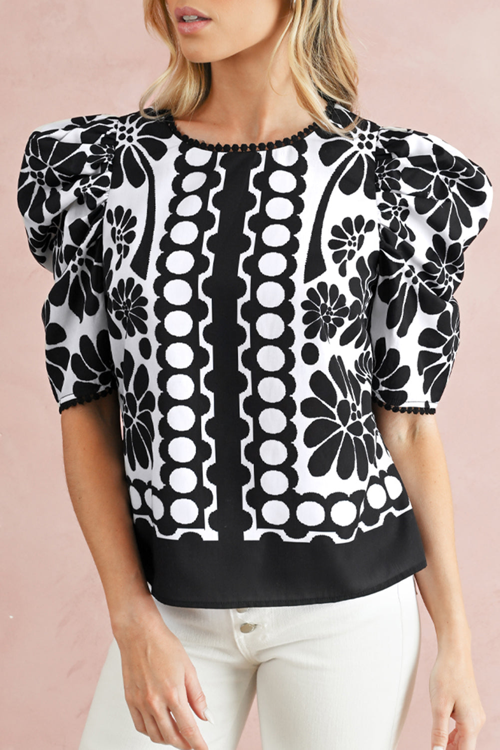 Black Floral Print Button-up Puff Sleeve Blouse