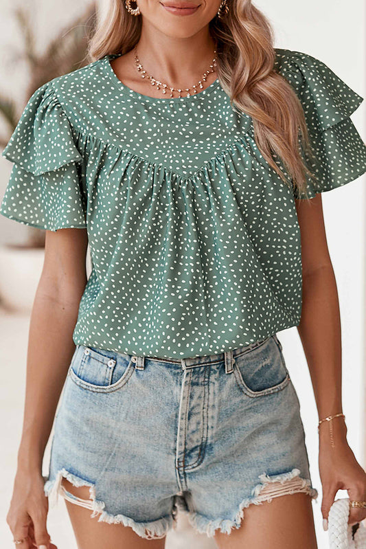 Laurel Green Spotted Print Pleated Ruffle Sleeve Blouse