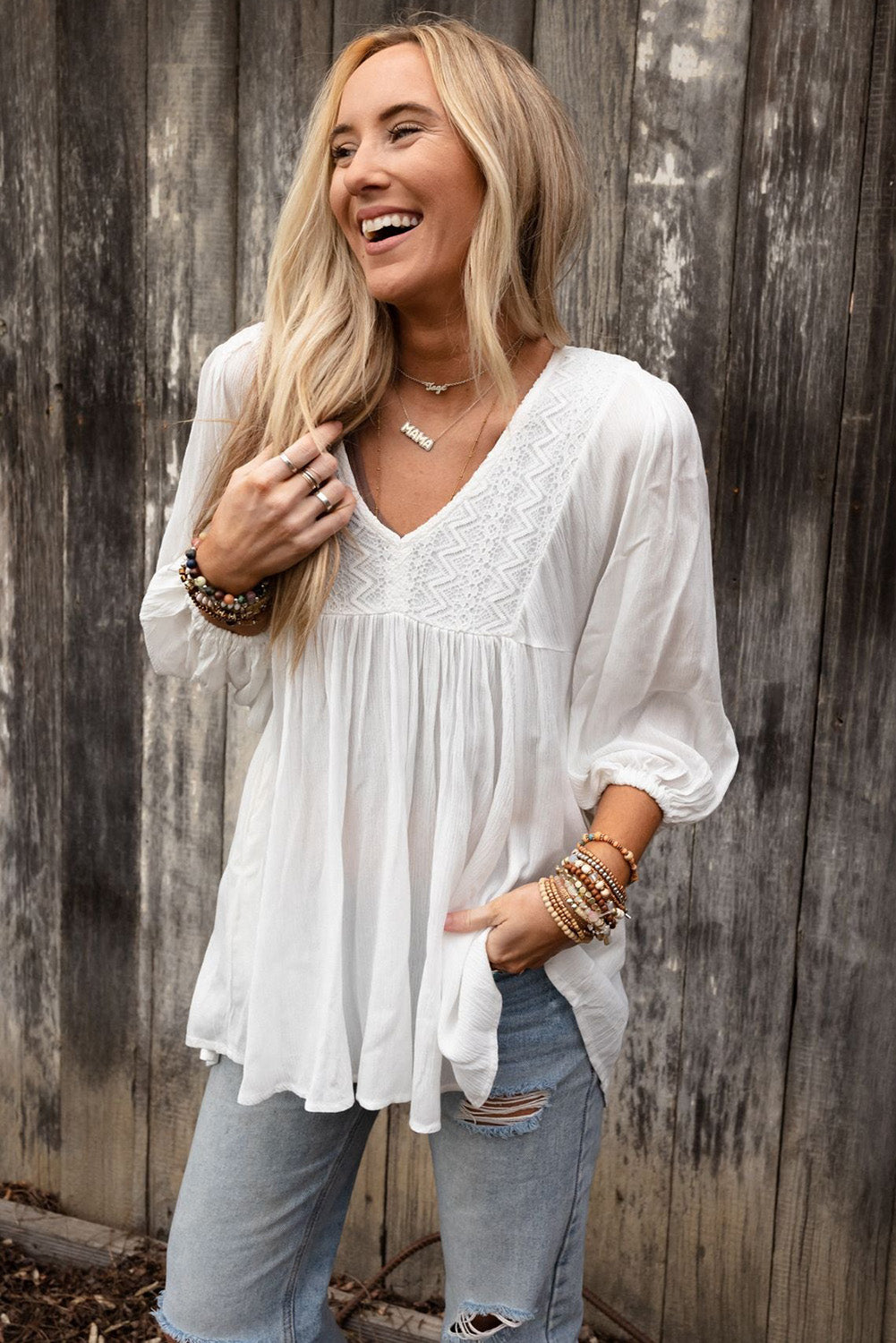 White Lace V-Neck Bracelet Sleeve Ruffle Blouse