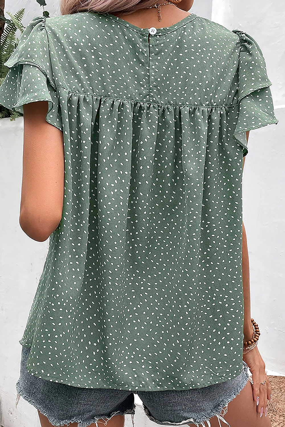 Laurel Green Spotted Print Pleated Ruffle Sleeve Blouse