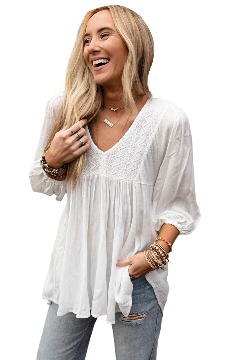 White Lace V-Neck Bracelet Sleeve Ruffle Blouse