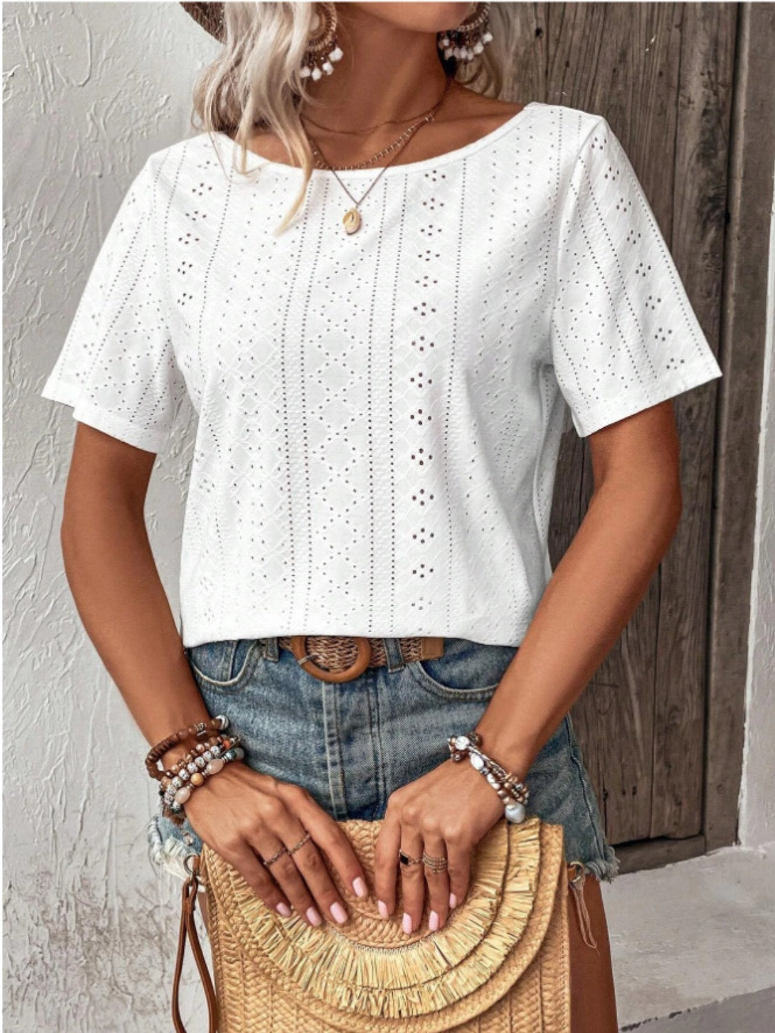 Lace Detail Eyelet Short Sleeve Blouse