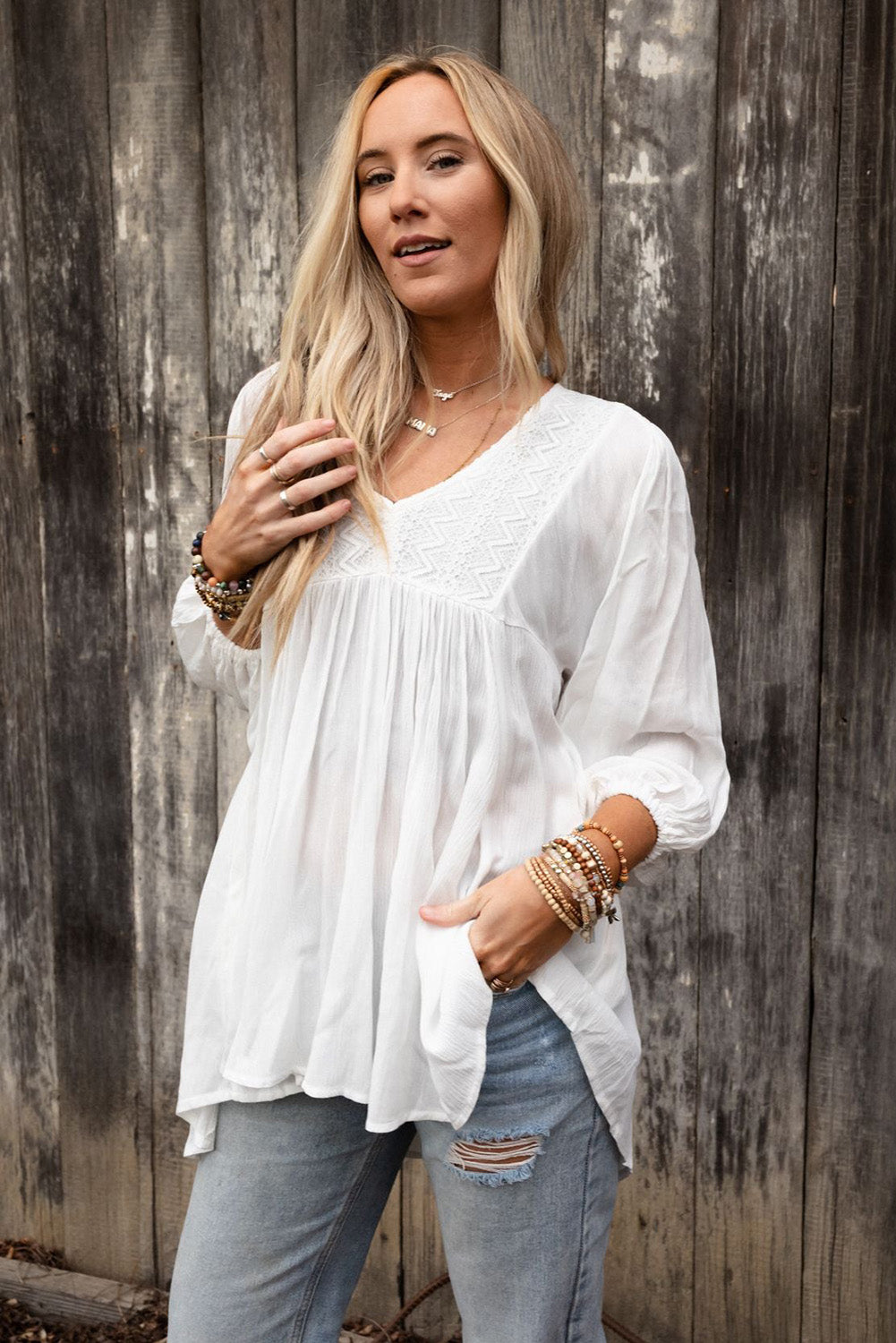 White Lace V-Neck Bracelet Sleeve Ruffle Blouse