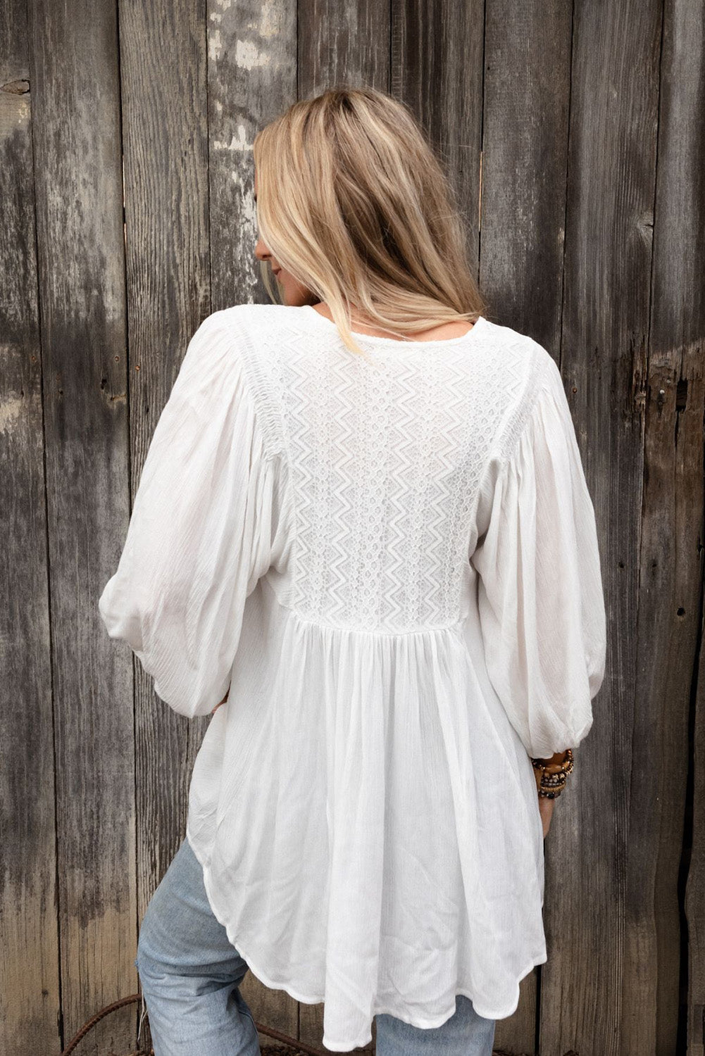 White Lace V-Neck Bracelet Sleeve Ruffle Blouse