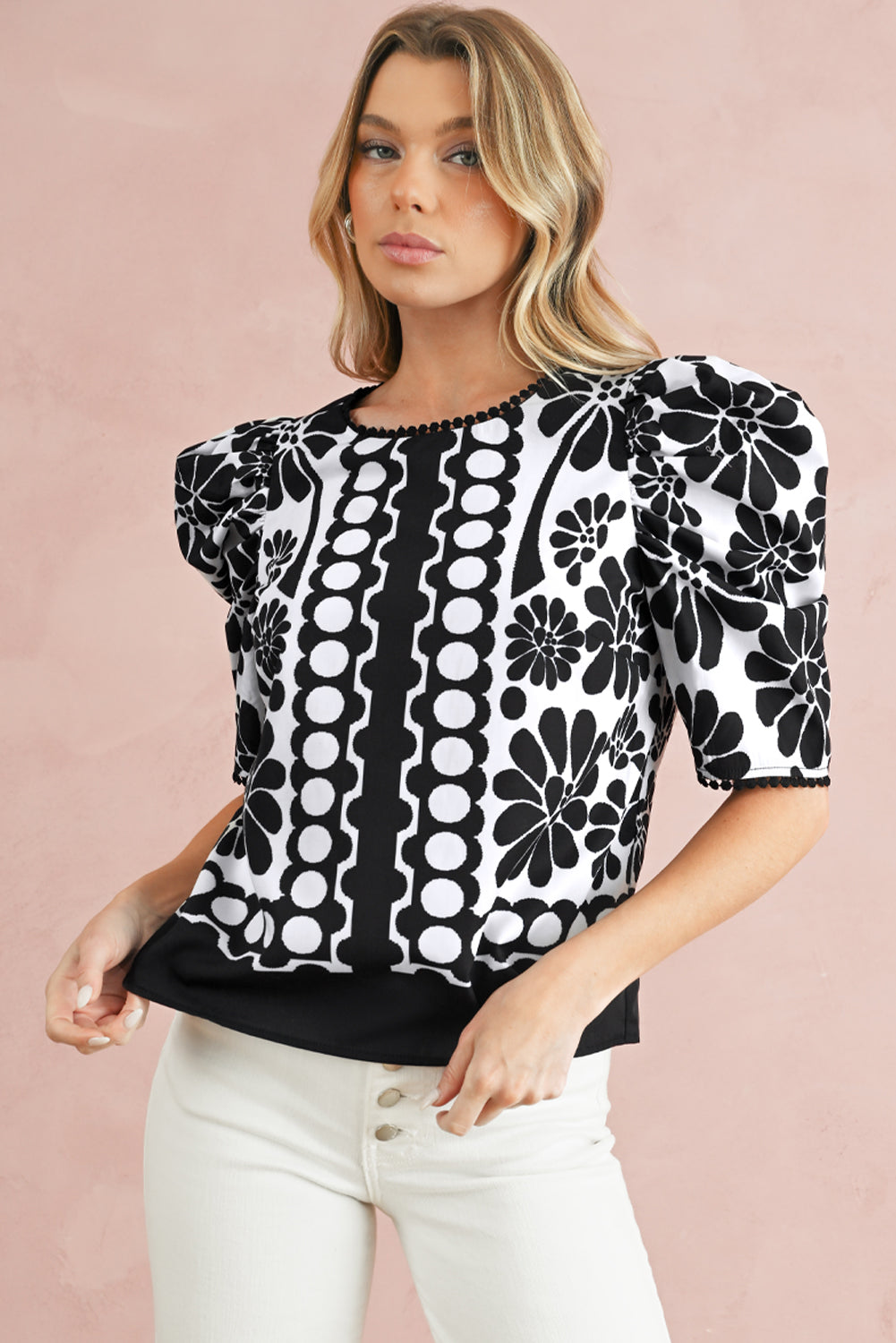 Black Floral Print Button-up Puff Sleeve Blouse