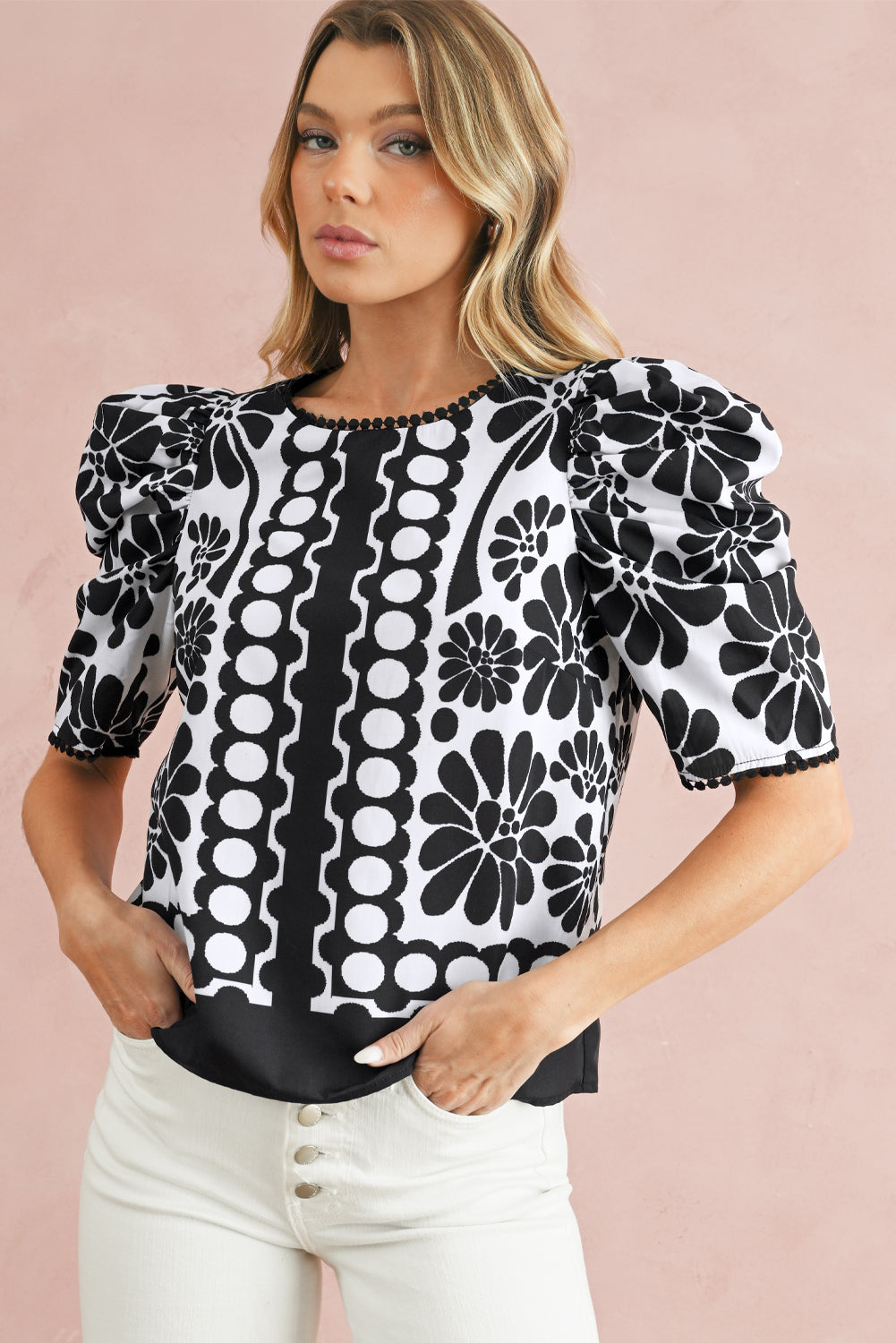 Black Floral Print Button-up Puff Sleeve Blouse