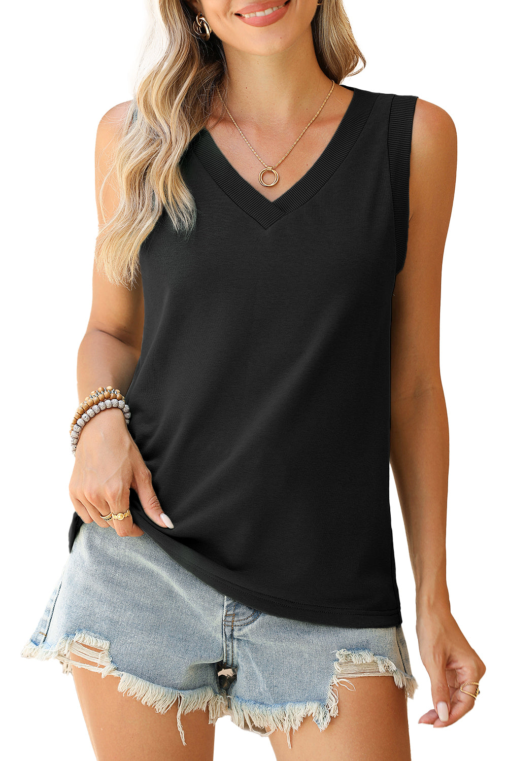 Simply Taupe Contrast Trim V-Neck Loose Fit Tank Top