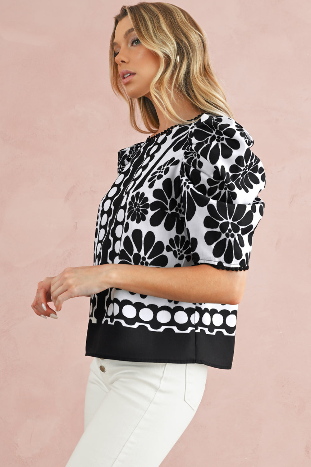 Black Floral Print Button-up Puff Sleeve Blouse