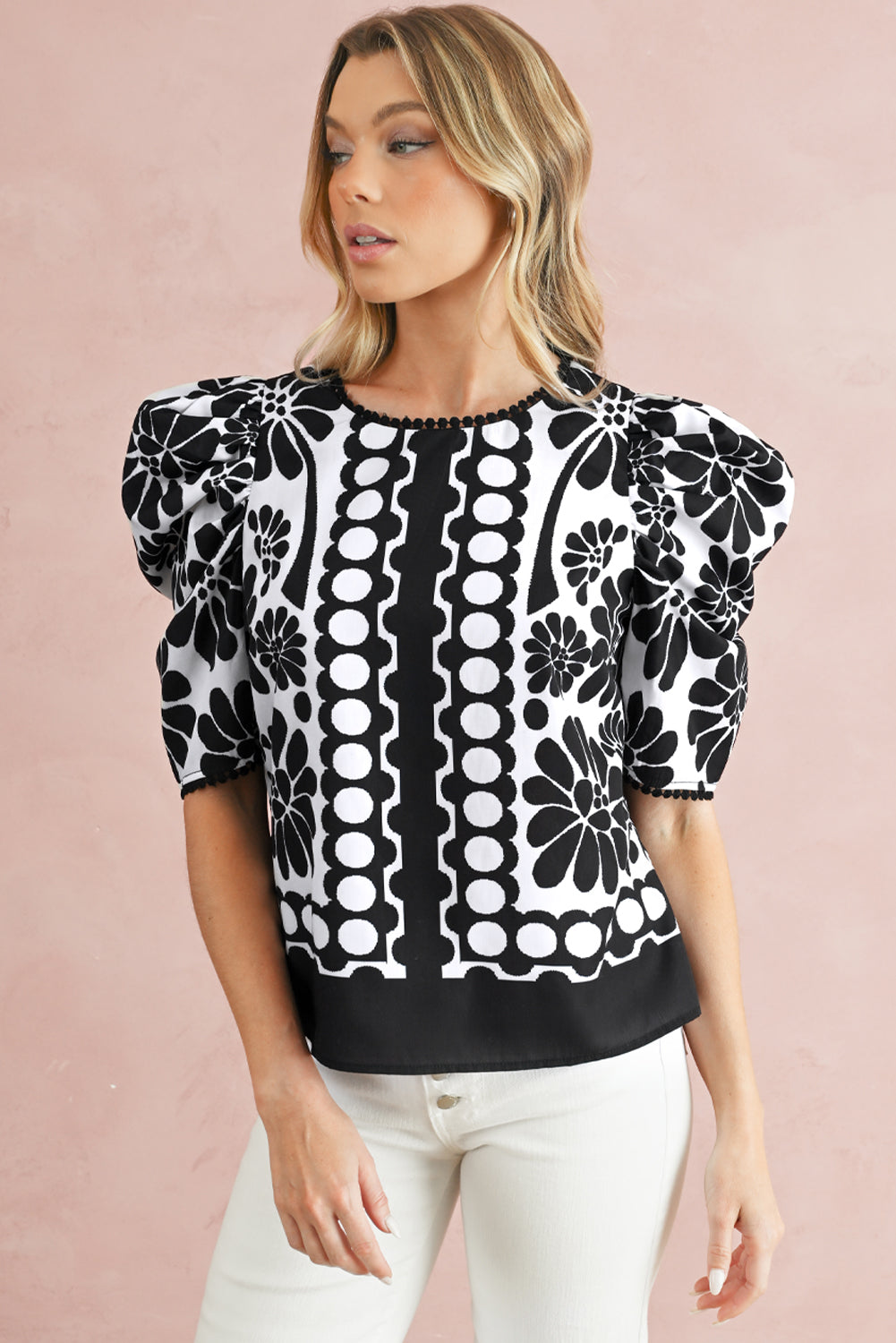 Black Floral Print Button-up Puff Sleeve Blouse