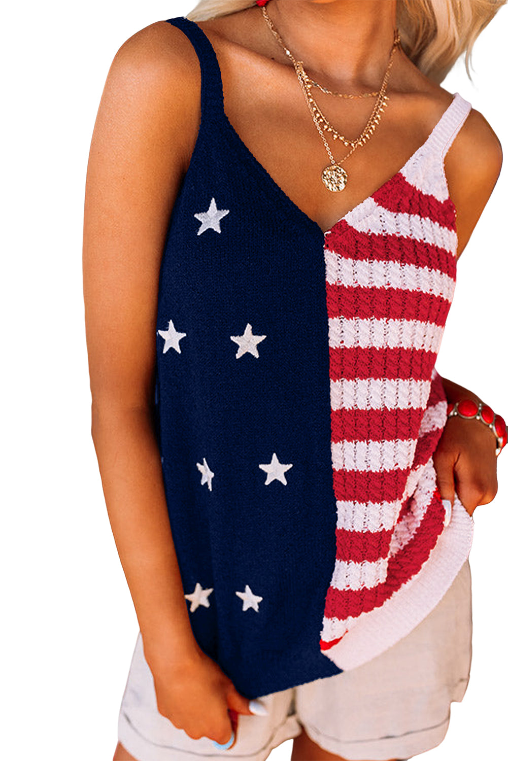 Red Stars & Stripes Flag Pattern Patchwork Knit Tank Top