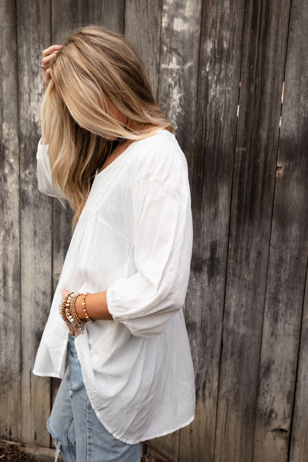 White Lace V-Neck Bracelet Sleeve Ruffle Blouse