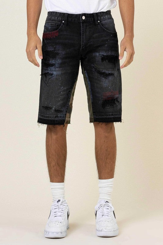 MULTI CAMO PANELED  RELEASED HEM DENIM SHORTS