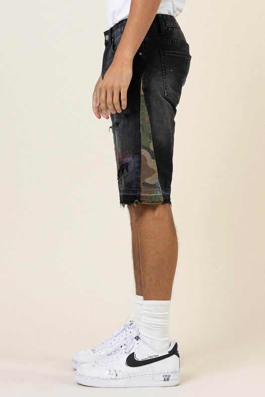 MULTI CAMO PANELED  RELEASED HEM DENIM SHORTS