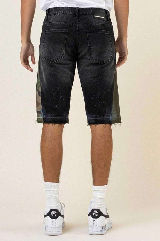 MULTI CAMO PANELED  RELEASED HEM DENIM SHORTS